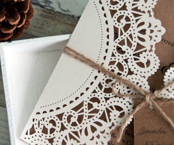 Rustic White and Kraft Laser Cut Invitation with Tag and Burlap Ribbon (2)