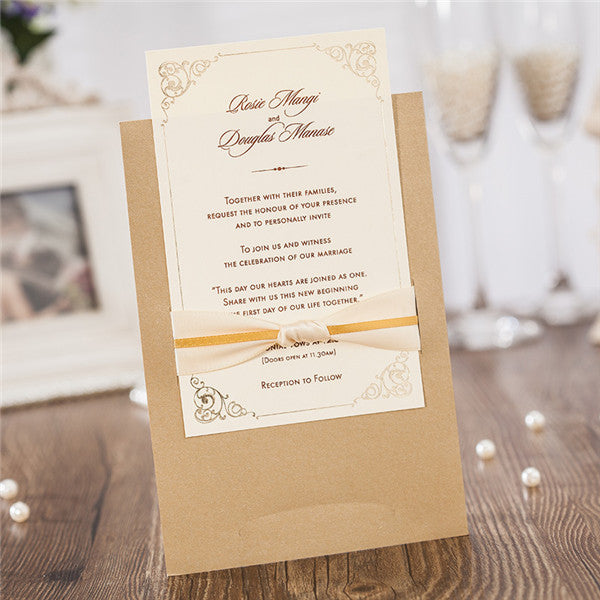 Rustic layered wedding invitations with romantic ribbons LC034_2