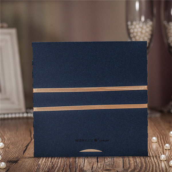 Rustic navy blue laser cut wedding invitations with champagne gold satin ribbons LC017_3