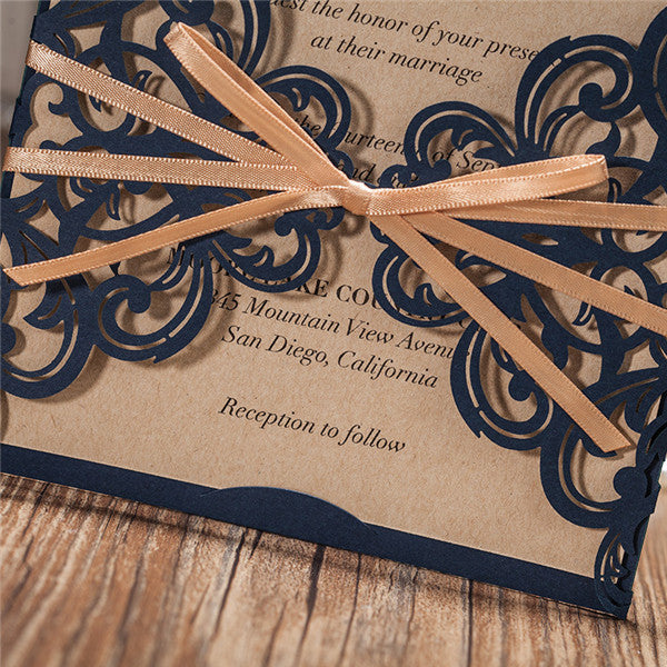 Rustic navy blue laser cut wedding invitations with champagne gold satin ribbons LC017_4