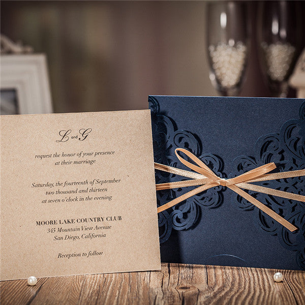 Rustic navy blue laser cut wedding invitations with champagne gold satin ribbons LC017_6