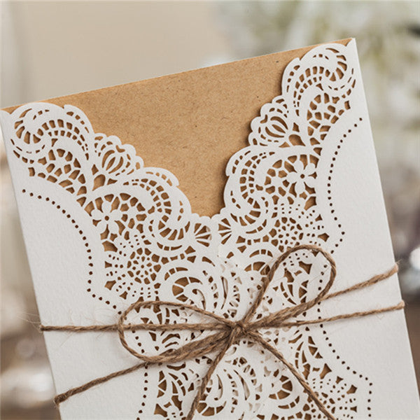 Rustic white lace detailed wedding invitations with suede ribbon LC011_2