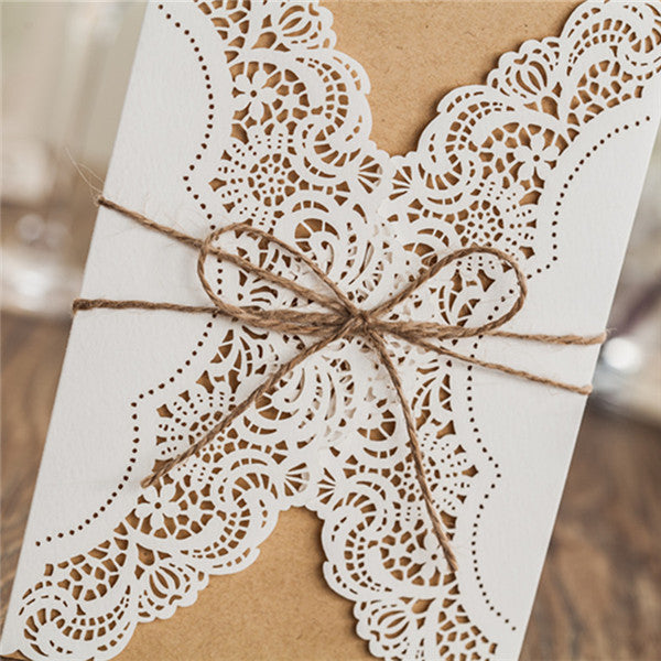 Rustic white lace detailed wedding invitations with suede ribbon LC011_3