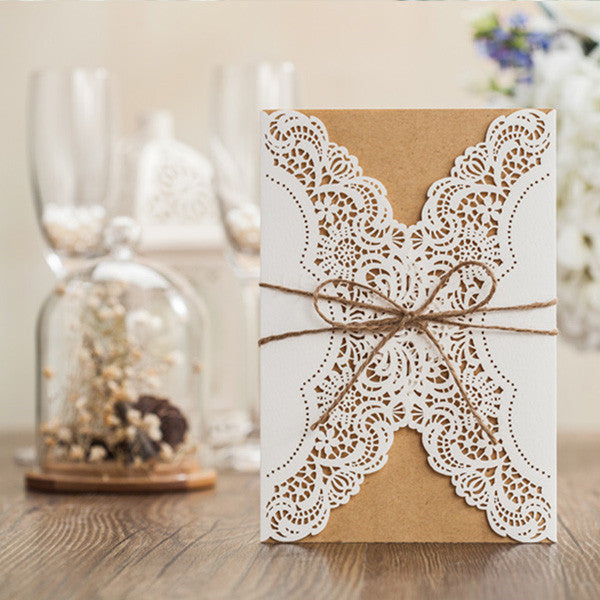 Rustic white lace detailed wedding invitations with suede ribbon LC011_6