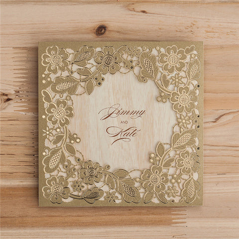 Shiny vintage brown laser cut wedding invitations LC020_1
