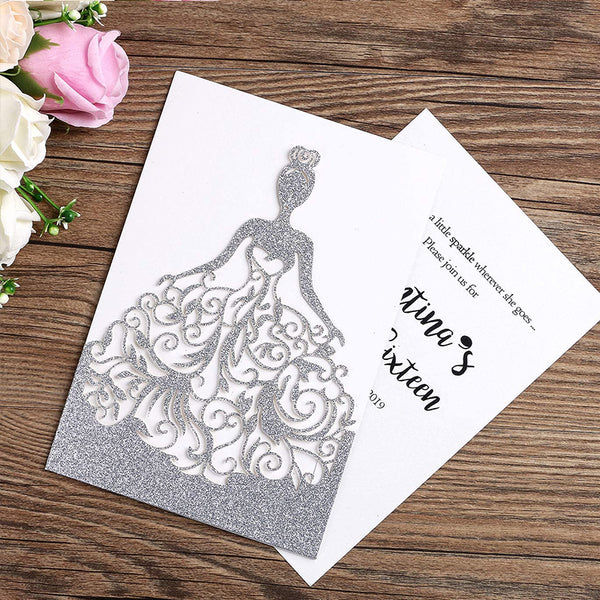 Silver Glitter Laser Cut Crown Wedding Invitations Cards For Birthday Sweet 15 (2)