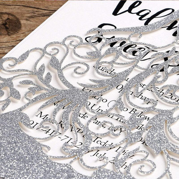Silver Glitter Laser Cut Crown Wedding Invitations Cards For Birthday Sweet 15 (3)