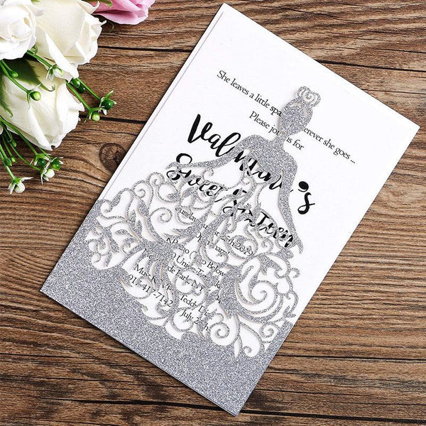 Silver Glitter Laser Cut Crown Wedding Invitations Cards For Birthday Sweet 15 (4)