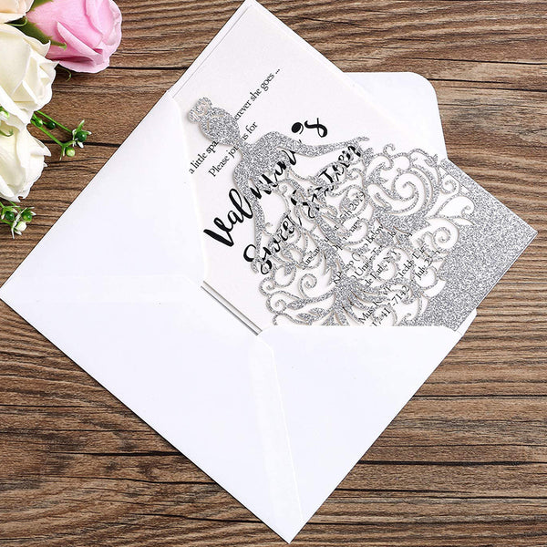 Silver Glitter Laser Cut Crown Wedding Invitations Cards For Birthday Sweet 15 (6)