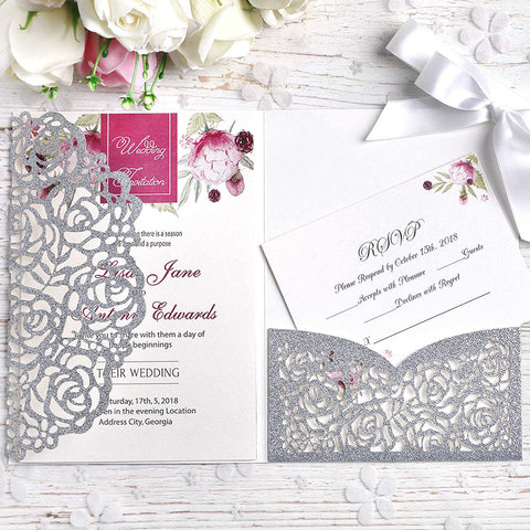 Silver Glitter Laser Cut Wedding Invitations Cards with Envelopes Ribbons for Wedding (1)
