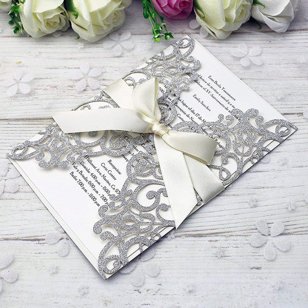 Silver Glitter Laser Cut Wedding Invitations Cards with Envelopes for Wedding Bridal Shower (2)