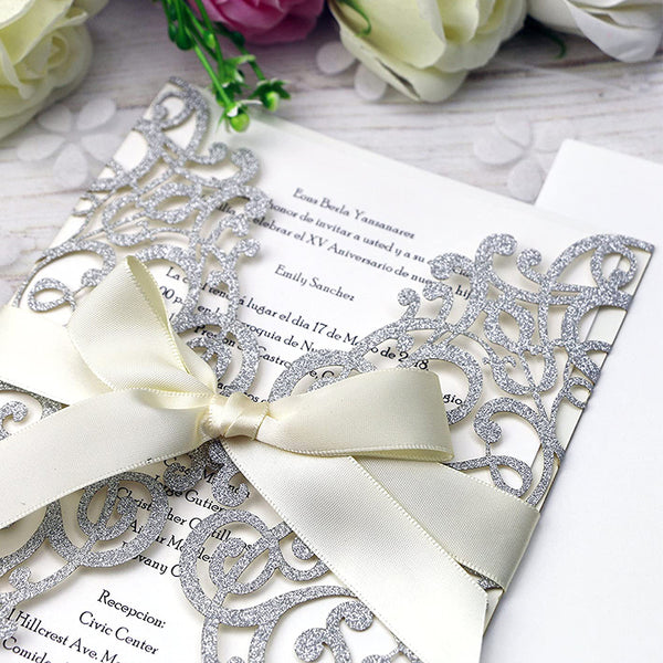 Silver Glitter Laser Cut Wedding Invitations Cards with Envelopes for Wedding Bridal Shower (4)