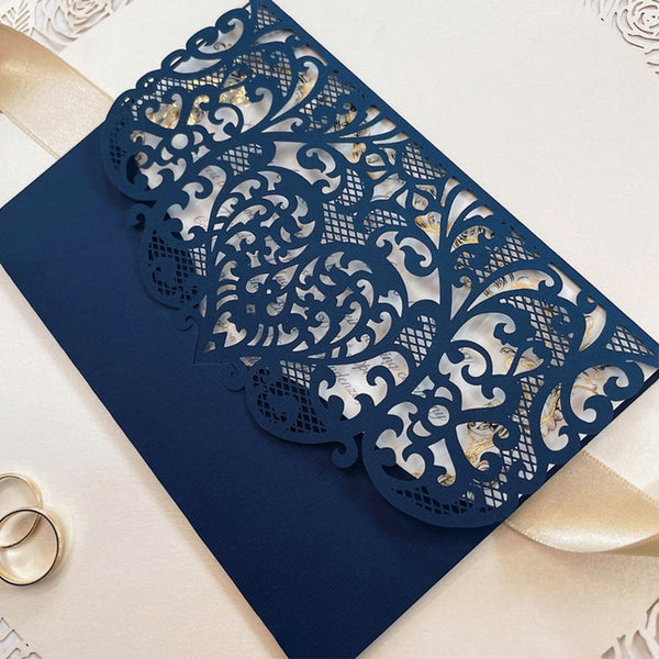 Stunning Navy Blue intricate Laser Cut Wedding Invitations Pocketfold Invitations (1)