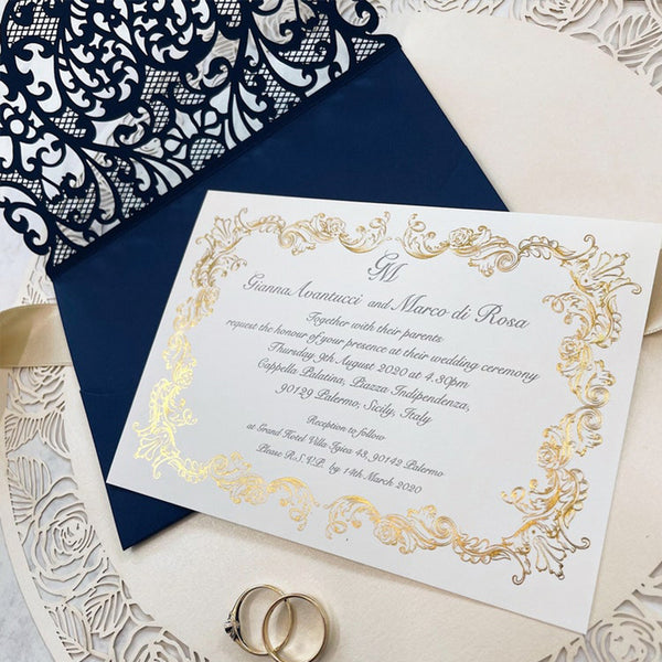 Stunning Navy Blue intricate Laser Cut Wedding Invitations Pocketfold Invitations (4)