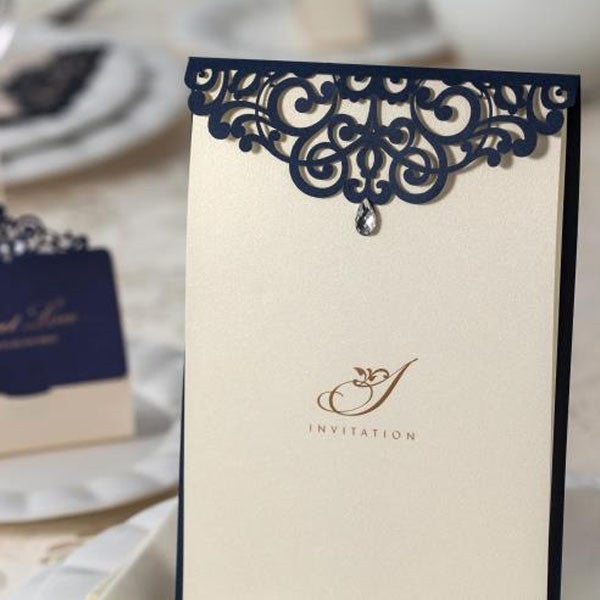 Stylish and chic navy blue laser cut wedding invitations with gem detail LC081 (3)
