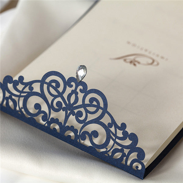 Stylish and chic navy blue laser cut wedding invitations with gem detail LC081 (5)