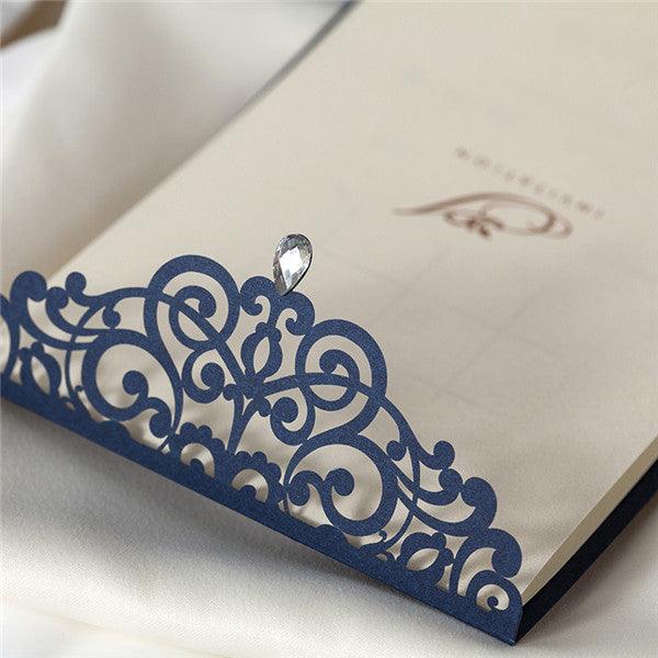 Stylish and chic navy blue laser cut wedding invitations with gem detail LC081 (5)