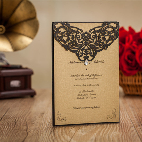 Traditional black and brown laser cut wedding invitations LC024_1