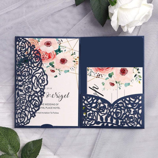 Tri-folded Laser Cut Wedding Invitation with Pocket (1)