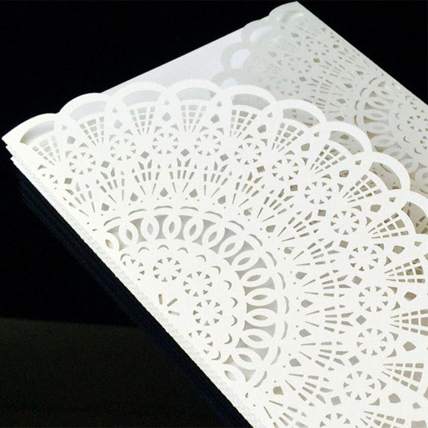 Vintage and classic white laser cut wedding invitations with suede ribbon LC059_4