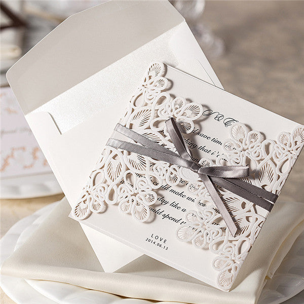 White vintage folded laser cut wedding invitations with grey ribbons LC002_2