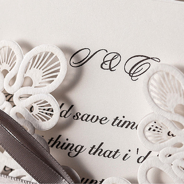 White vintage folded laser cut wedding invitations with grey ribbons LC002_5