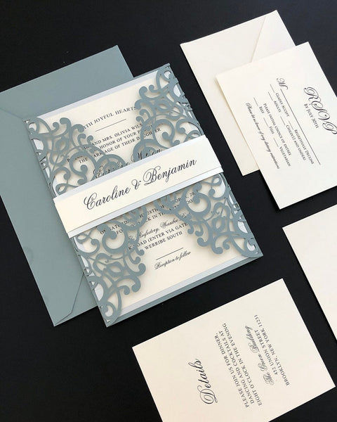 elegant dusty blue laser cut wedding invitations chic belly band (3)