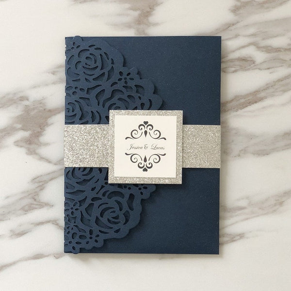 navy and silver wedding invitations with laser cut pocket (2)