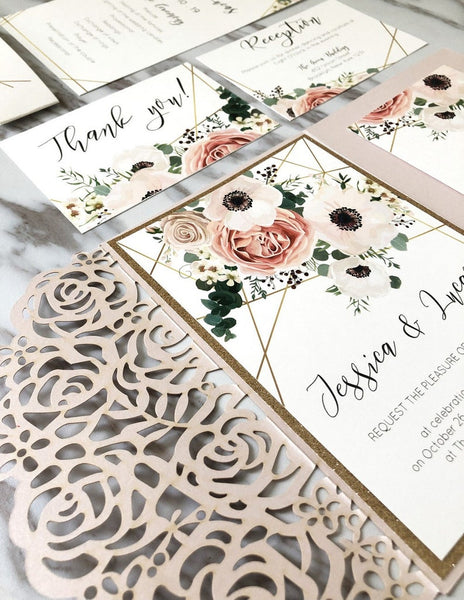 pink and sage wedding invitations with floral laser cut pockets (4)