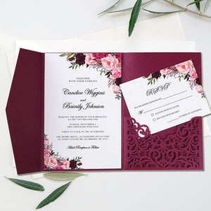 Burgundy Wedding Invitations Cards with Envelopes Ribbons for Wedding (1)