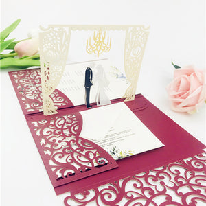 Creative Pop up Burgundy Laser Cut Wedding Invitations with Pockets and Arch Lcz047 (3)