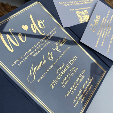 Black Clear Acrylic Invitations with Gold Foil A013