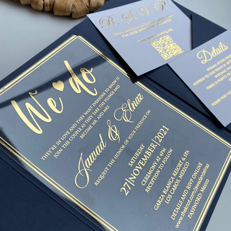 Black Clear Acrylic Invitations with Gold Foil A013 – Amazepaperie