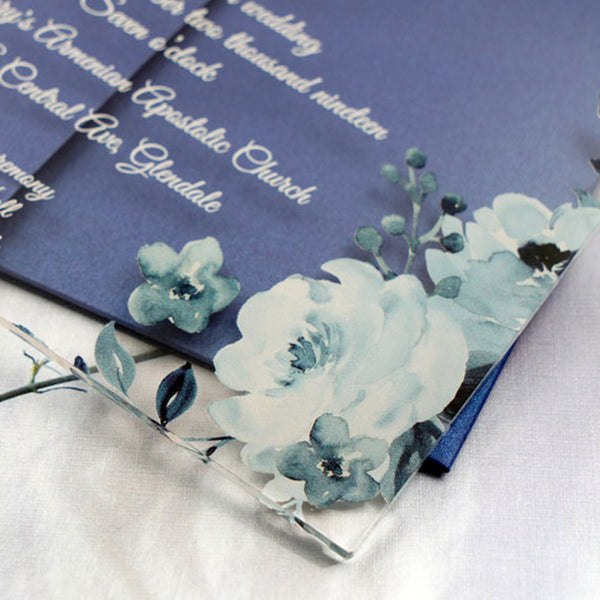 Acrylic Wedding Invitation with Blue Flowers for Fall and Winter Wedding A028