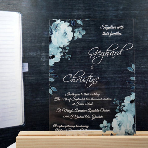 Acrylic Wedding Invitation with Blue Flowers for Fall and Winter Wedding A028