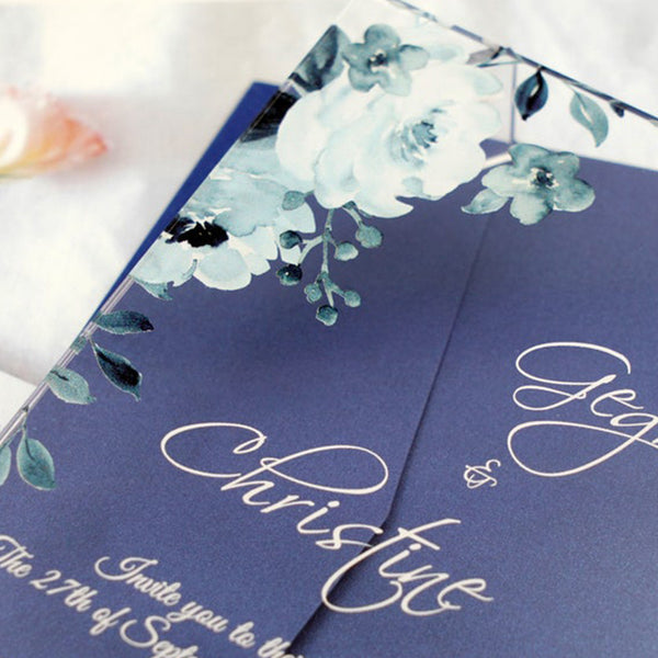 Acrylic Wedding Invitation with Blue Flowers for Fall and Winter Wedding A028