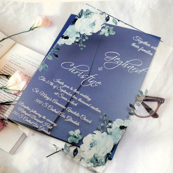 Acrylic Wedding Invitation with Blue Flowers for Fall and Winter Wedding A028