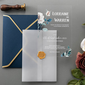 Blue Floral Acrylic Wedding Invitation with White Paint A041