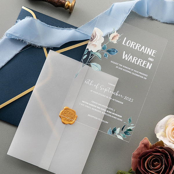 Blue Floral Acrylic Wedding Invitation with White Paint A041