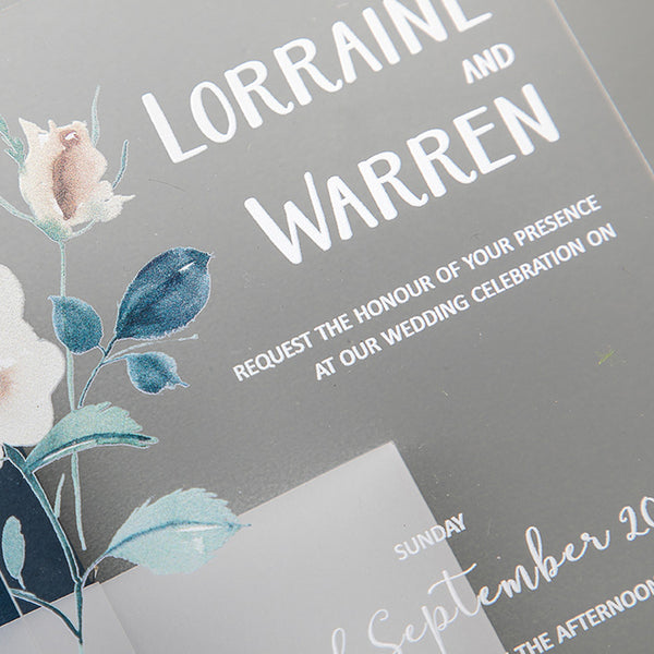 Blue Floral Acrylic Wedding Invitation with White Paint A041