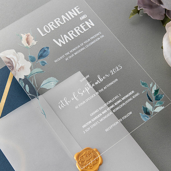 Blue Floral Acrylic Wedding Invitation with White Paint A041