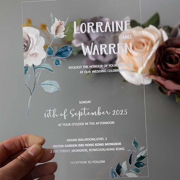 Blue Floral Acrylic Wedding Invitation with White Paint A041