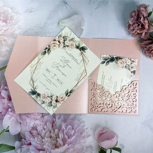 Blush Pink Laser Cut Pocket Fold and Pink Floral Wedding Invites LCZ235