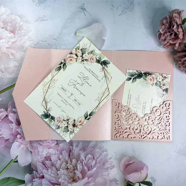 Blush Pink Laser Cut Pocket Fold and Pink Floral Wedding Invites LCZ235