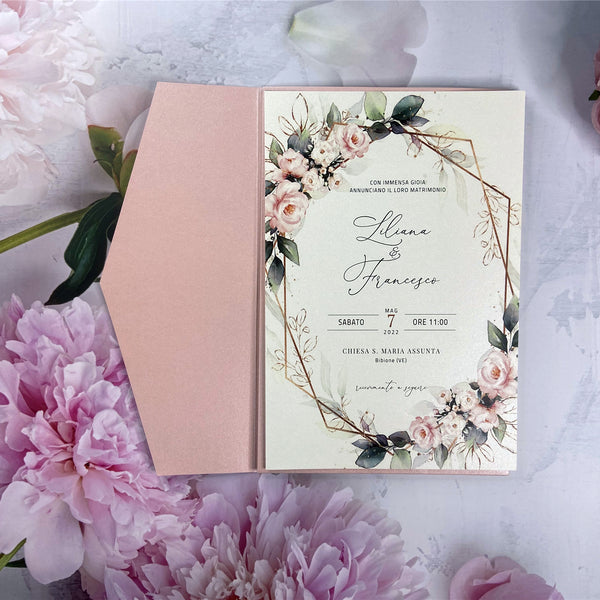 Blush Pink Laser Cut Pocket Fold and Pink Floral Wedding Invites LCZ235