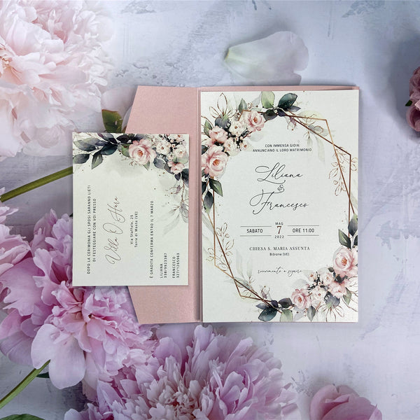 Blush Pink Laser Cut Pocket Fold and Pink Floral Wedding Invites LCZ235