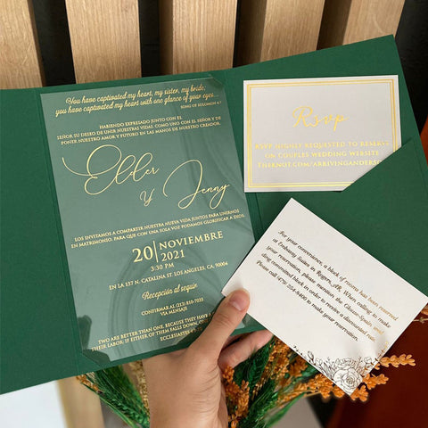 Boho Transparent Acrylic Wedding Invitations with Green Pocket A014