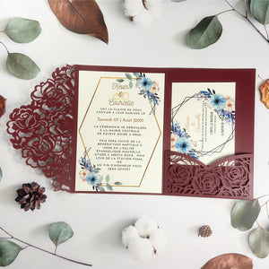 Burgundy Laser Cut Pocket Fold with Blue Floral Invitation LCZ226