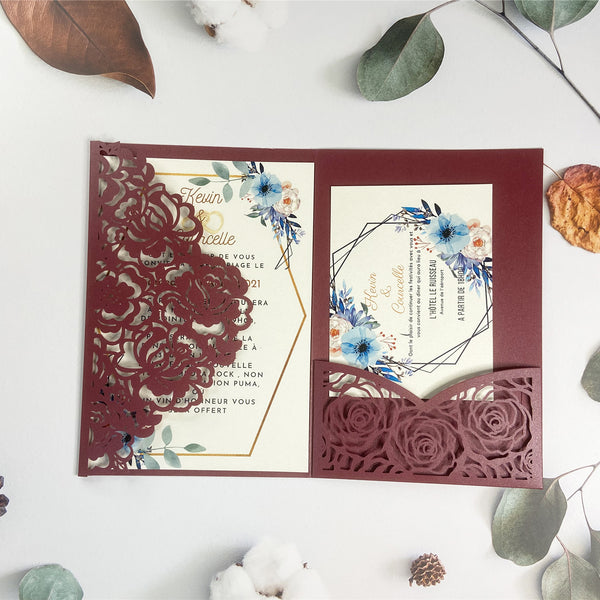 Burgundy Laser Cut Pocket Fold with Blue Floral Invitation LCZ226