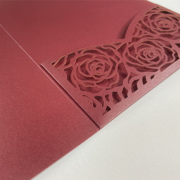 Burgundy Laser Cut Pocket Fold with Blue Floral Invitation LCZ226